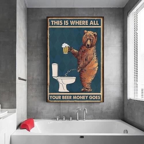 Grumpy Bear Drinking Beer To The Bathroom Canvas Poster Abstract Wall Art Print Picture For Bathroom Toilet The Wall Home Decor