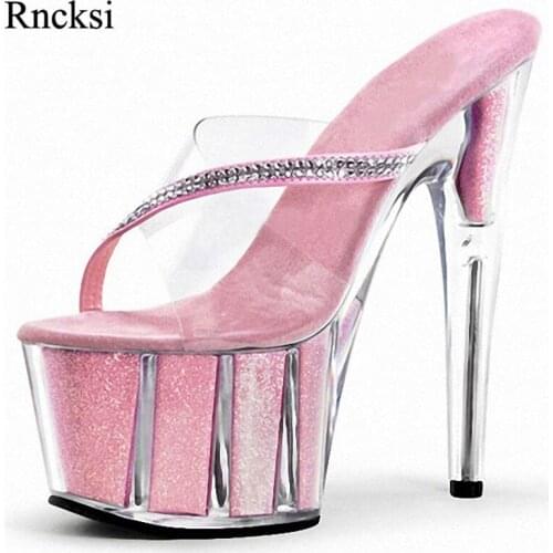 Rncksi 6 Inch Flower Crystal Shoes Romantic Pink Bride Wedding Shoes 15cm Ultra High Heels Platform Transparent Crystal Slippers