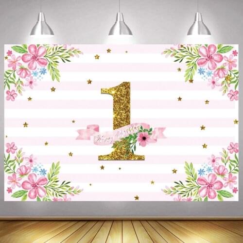 Pink 1st Photo Backdrop Flower Stripe Girls Newborn Baby Happy Birthday Party Decoration Princess Photography Backgrounds Banner