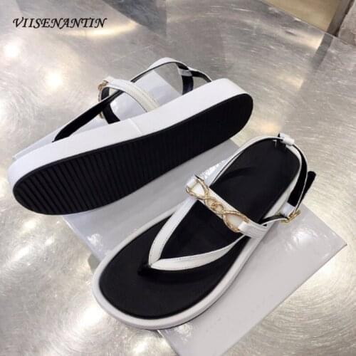 White leather thick bottom flip-flop metal chain color matching summer casual all-match personality beach sandals women