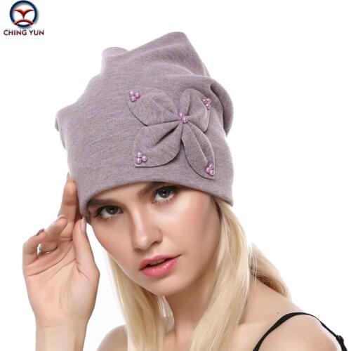 CHINGYUN 2019 new Solid color Winter Warm Cashmere knit hat Decorative flowers and imitation pearls High Quality Wool Female Hat