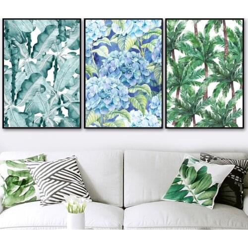 Blue Flower Green Plant Leaf Poster Modern Minimalist Canvas Painting Nordic Fresh Wall Art Pictures For Living Room Decor