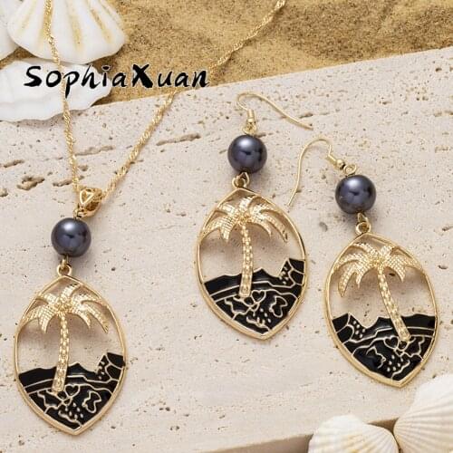 SophiaXuan Coconut Tree Jewelry Sets Dangling Drop Earrings Pendant Necklaces Set Holiday Fashion Wholesale for Women Girl Party