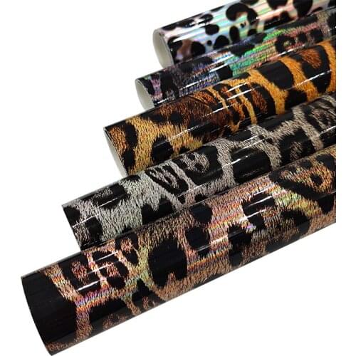 Leopard Vivid Printed Metallic Mirror Reflective PU Artificial Synthetic Leather Fabric Sheet for Making Cover/Craft/Decorative