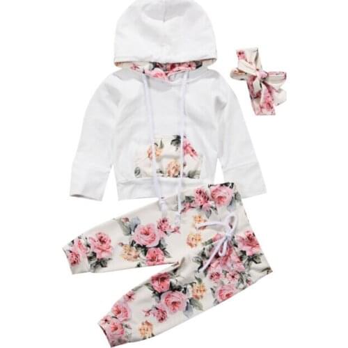 3Pcs Newborn Baby Girls Floral Hooded Tops Sweatershirt+Leggings Long Pants Bow Headband Outfit Infant Autumn Clothes Tracksuit