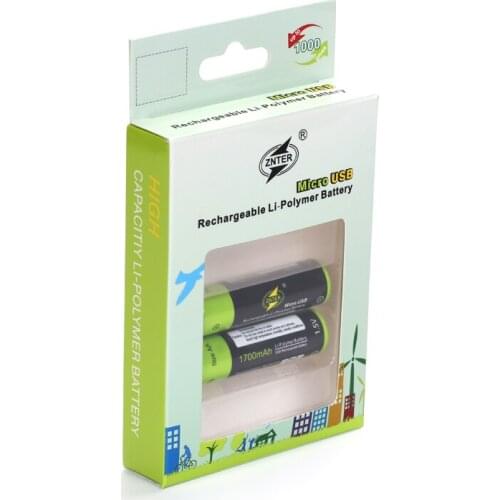 ZNTER 2pcs Universal AA 1.5V 1700mAh USB Rechargeable Lithium Polymer Battery Charged by Micro USB Cable