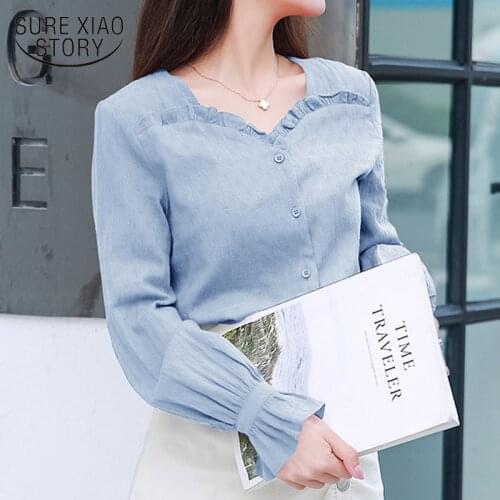 2020 Autumn New Fashion Cotton Women Blouses Long Sleeve Ruffles V-neck Blouses Women Casual Straight Solid Women Shirts 11057
