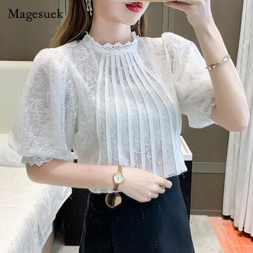 Korean Short Sleeve Lace Loose Tops 2021 Summer Lace Womens Blouse High-quality Fashion Stand Collar Floral Hollow Shirt 14115