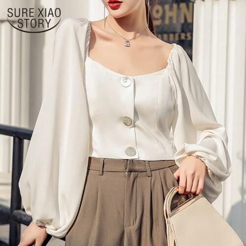 2021 New Spring Womens Blouse French Vintage Puff Sleeve Single-breasted Korean Style Casual Shirts Tops Fashion Women Elegant