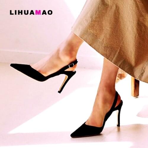 LIHUAMAO Suede women stiletto heels sandals summer 2020 back strap pointed toe thin heel ladies sandals pumps slingback wedges