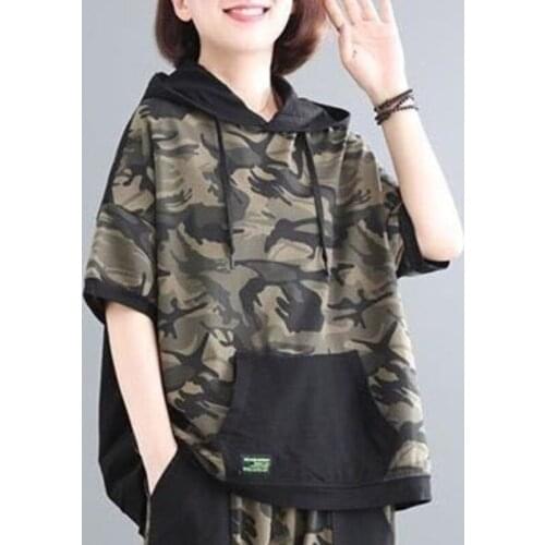 Cotton Plus Size Stitching Suit Women Summer New Loose Hooded Short Sleeve Casual Nine-point Pants Two-piece Suit