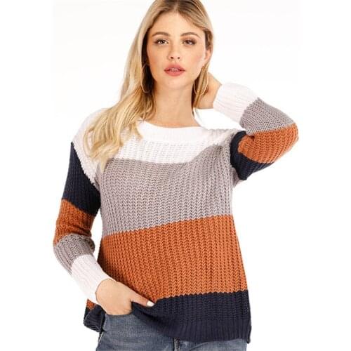 Patchwork Loose Knitted Sweater Women Casual O Neck Long Sleeve Pullover Fashion Color Block Jumers 2020 Autumn Striped Sweater