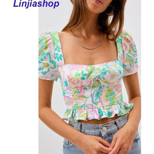 Sweet Floral Print Shirt Vintage Cute Ruffle Crop Top Women Sexy Collar Puff Sleeve Summer Blouse Femme Holiday Boho Tops