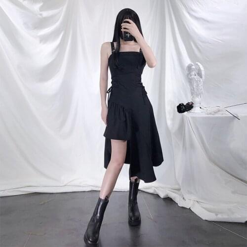 Temperament Irregular Black Thin Halter Dresses Womens New Summer Medium-length Sleeveless Dresses
