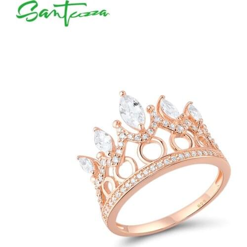 SANTUZZA Silver Ring For Women Pure 925 Sterling Silver Rose Gold Color Royal Crown Wedding Engagement anillos Fine Jewelry