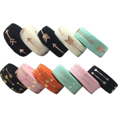10yard 15mm Rose Gold Foil Arrow Print Fold Over Elastic Ribbon For Sewing Hair Tie Strap Backpack Decoration Accessories