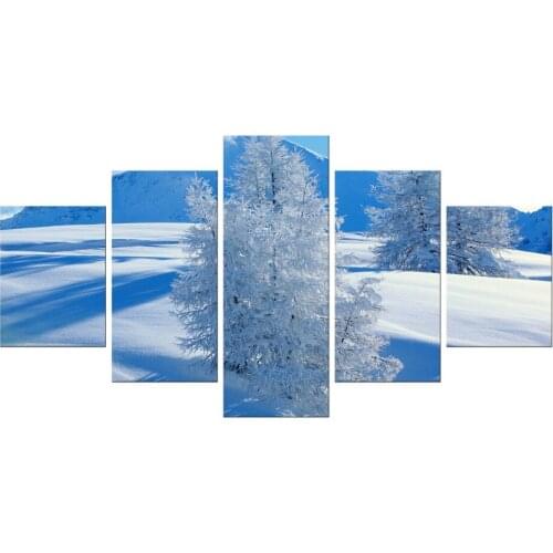 5 Pieces Free Shipping White Cloud Snowy Mountain Big tree Home Wall Decor Canvas Painting Wall Art Pictures Framed