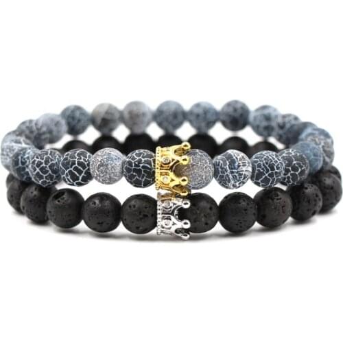 8mm 2PCS/Set hrh2 3elastic adjusted nature black stone volcanic lava bead micro pave cz zircon cubic zirconia Crown Bracelet