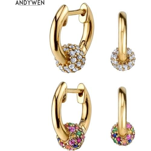 ANDYWEN 925 Sterling Silver Sphere 8mm Huggie Hoops Crystal CZ Circle Loops Slim Women Clips Piercing Rainbow Earring Jewelry