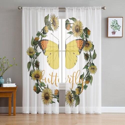 Butterfly Flower Wreath Sunflower White Voile Tulle Sheer Curtains for Bedroom Living Room Kitchen Decor Chiffon Windows Curtain