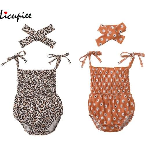 0-24 Months Print Baby Romper with Hairband, Kids Leopard/ Flower Print Sleeveless Strappy Bodysuit+ Headband