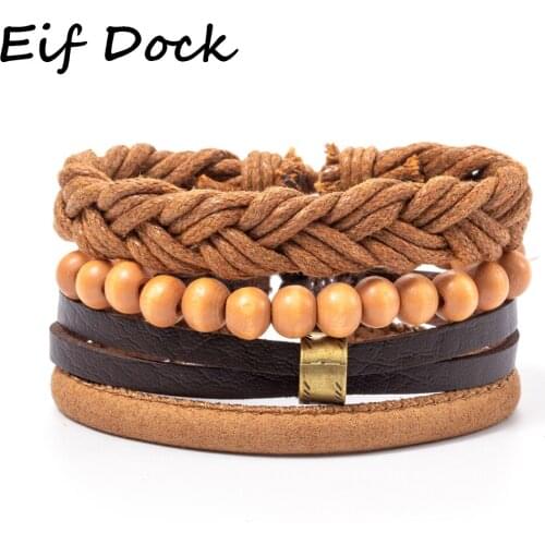 Eif Dock Ethnic 4 Pcs/set Wood Beads Charm Handmade Woven Men Leather Bracelets Women Vintage Bangle Male Homme Jewelry Accessor