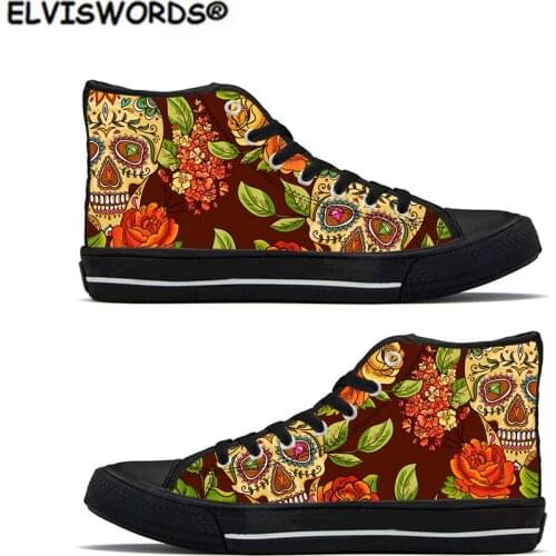 ELVISWORDS Sugar Skull Diamonds and Flowers Pattern Casual Lace Up Sneakers for Ladies Classic Women High Top Canvas Footwear
