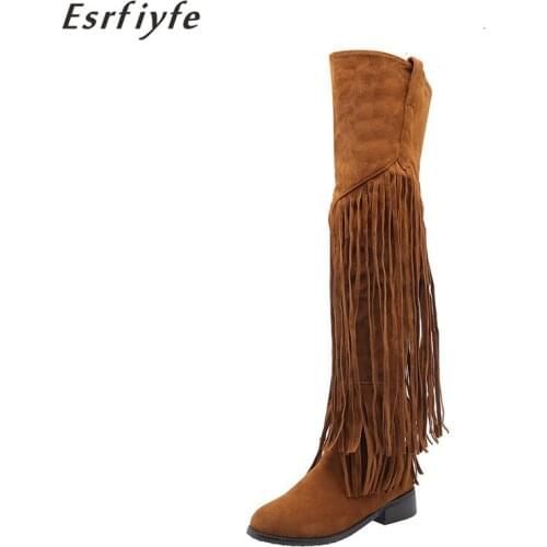 ESRFIYFE 2020 Winter Europe and The United States Wind Boots Thick Hees Round Toe Shoes Woman Fashion Fringe Over The Knee Boots