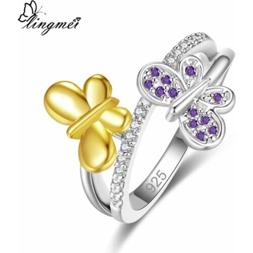 Lingmei ring Wholesale Butterfly Shaped Fashion Women Jewelry PurpleWhite Zircon Silver Color Ring Size 6-9 Dazzling Party