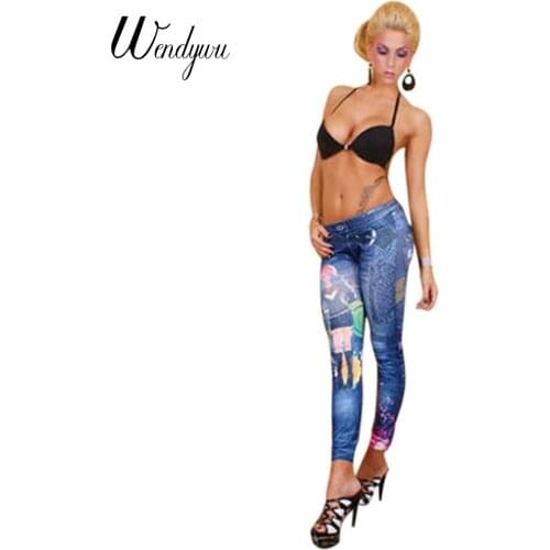 Wendywu Top Fashion Character Pattern Low Waist Ankle-Length Blue and Black Slim Leggings