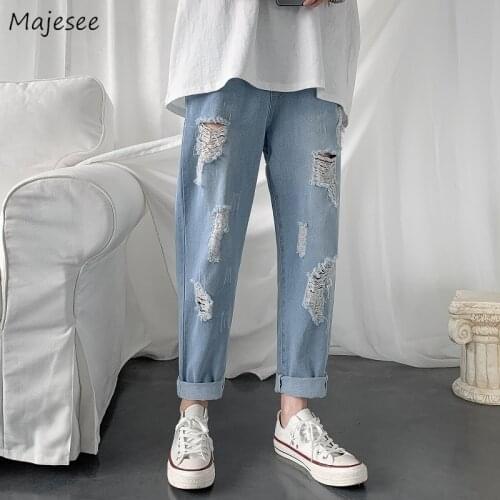 Men Jeans Plus Size 5XL Straight Loose Hole Ankle Length Elastic Waist Solid All-match Trendy Males Leisure Chic Baggy Vintage