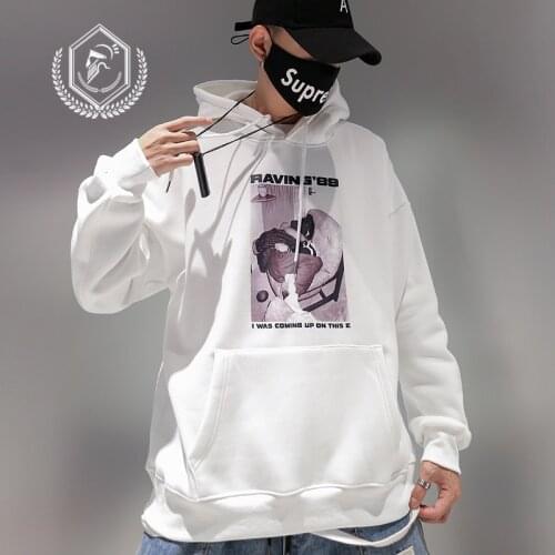 Men Fashion Loose Print Casual Pullover Hip Hop Sweatshirts with Hooded