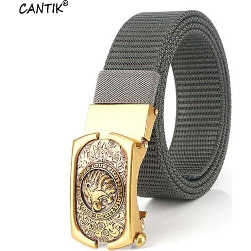 CANTIK Unique Lion Head Gold Automatic Buckle Metal Quality Nylon & Canvas Belts for Men Jeans Accessories 35mm Width CBCA257
