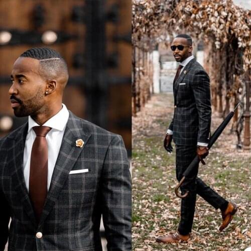 New Designed Check Mens Tuxedos Handsome One Button Peaked Lapel Plaid Blazer Slim Fit Party Wedding Streetwear Jacket 2 Pieces