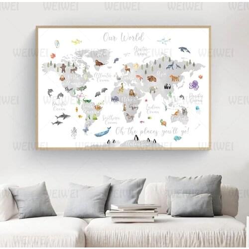 Educational Animal World Map Picture Children Poster Nursery Wall Art Canvas Print Painting Baby Kid Bedroom Playroom Home Decor