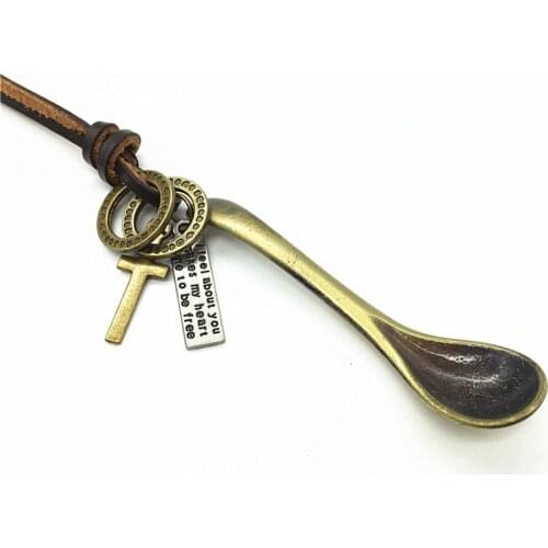 New Handmade Brown Casual Genuine Leather Men Bronze Alloy Hoop Spoon Cross Pendant Necklace For Women Male Wholesale Jewelry