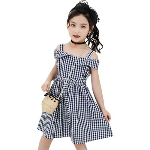Dress For Girls Plaid Pattern Dress For Kids Girl Off Shoulder Party Dress Child Summer Clothes Girl 6 8 10 12 14