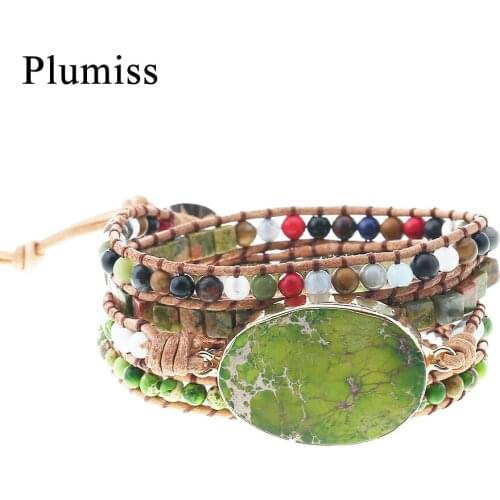 Plumiss Big Emperor Stone Charm Wrap Bracelets 5Layers Natural Stone Green Beads Beaded Bracelet for Women Bijoux Dropshipping