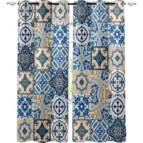 Portuguese Ethnic Flower Pattern Tile Window Curtains For Living Room Kitchen Bedroom Modern Window Treatments Drapes Blinds