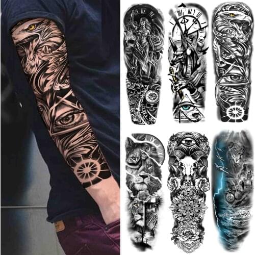 Realistic Tribal Eye Rudder Temporary Tattoo For Men Women Adult Black Sleeve Lion Tatoos Sticker Warrior Fake Flower Tattoos