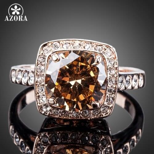 AZORA Royal DesignRose Gold Color with Rhinestones Surrounded Square Orange Crystal Ring TR0095