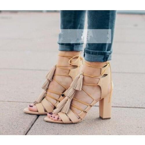 Thick heels cross-tied lace up sandals summer new peep toe cut-outs high heels gladiator sandal boots tassels ankle booties