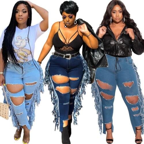 Sexy High Waist Jeans Skinny Bodycon Pants Tassel HOLE Vintage Denim Blue Pencil Ripped Hollow Out Trousers Plus Size XL~5XL