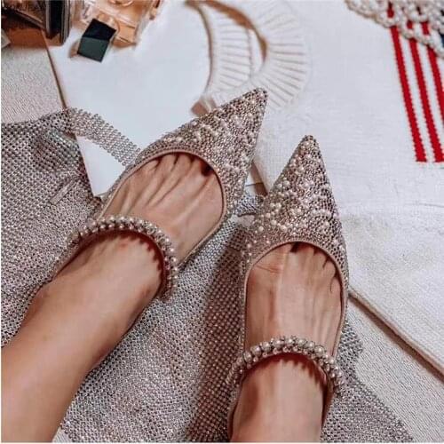 Pearl Slippers Shoes Women Basic 2021 Summer Flock Shiny Rhinestones Pointed Toe Flats Pearl Slippers Fashion Party Women Shoes