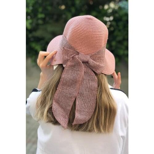 2021 Summer Women Big Bow Sun Pink Straw Bow Hat Style Vintage Design Wide Side Straw Hat Solid Color Anti-UV Holiday Beach Hat