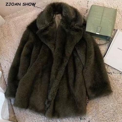 HIGH QUALITY Winter Lapel Hairy Shaggy Faux Fur Coat Army green Women Long sleeve Furry Warm Thick Jacket Loose Outerwear