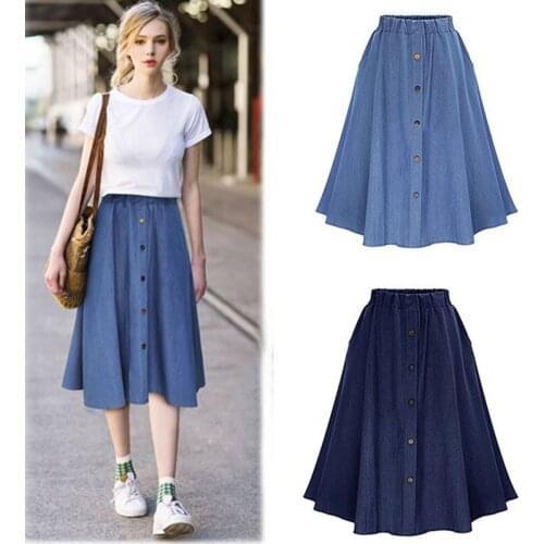 Vintage Elastic High Waist Ladies Denim Skirt New Spring Summer Streetwear Big Swing Saia Midi Button A-line Women Jeans Skirts