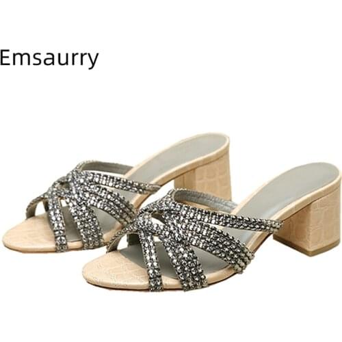 Jeweled Cross Narrow Band Runway Mules Lady Hoof Heel Sexy Open Toe Genuine Leather Stone Grain Rhinestone Sandals Women