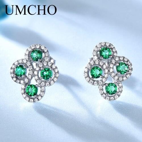 UMCHO 925 Sterling Silver Stud Earrings Created Emerald Sapphire Gemstone Earrings For Women Engagement Wedding Fine Jewelry