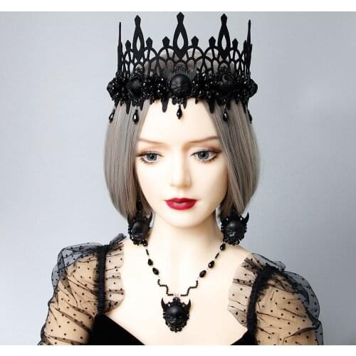 New Female Jewelry Gothic Style Black Demon Witch Crown Prom Party Photo Props Halloween Gift Ribbon Tie Crown Adjustable Size
